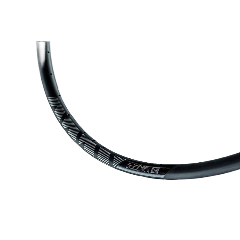 Close-up of a black bicycle rim with 'Line' branding on a white background