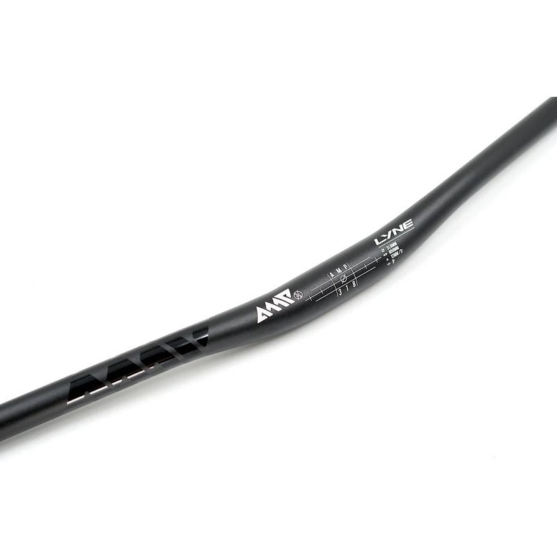 Close-up of a black bicycle handlebar with branding on a white background