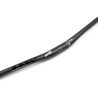 Close-up of a black bicycle handlebar with branding on a white background