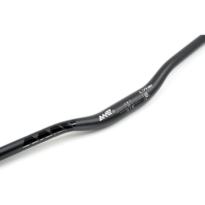 Black bicycle handlebar with 'LYNE' branding on a white background