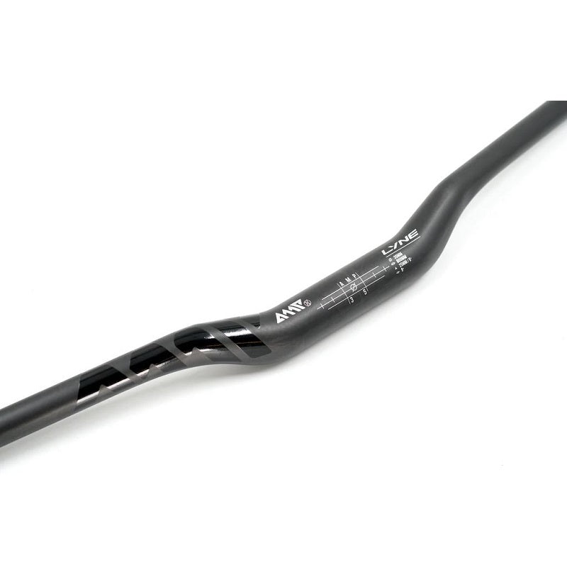 Black bicycle handlebar with 'LYNE' branding on a white background