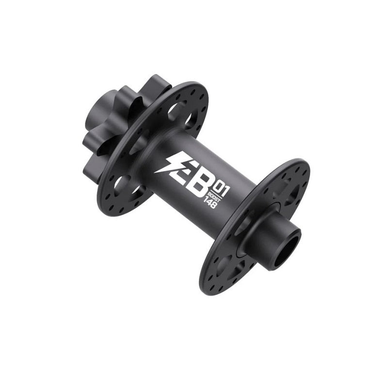 Black bicycle hub with ZB01 branding on a white background