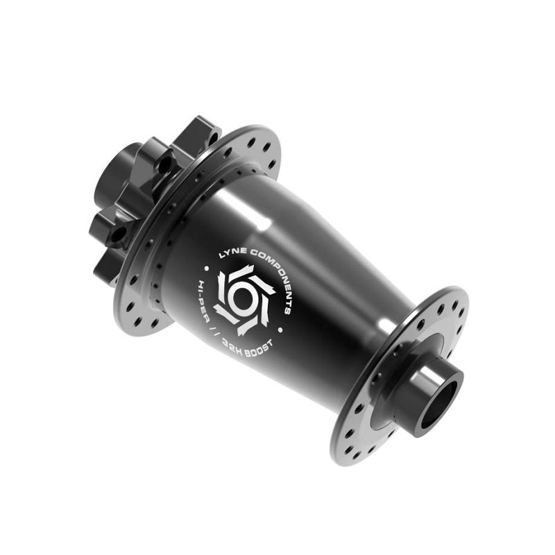Bicycle hub with 'LYNE COMPONENTS' branding on a white background