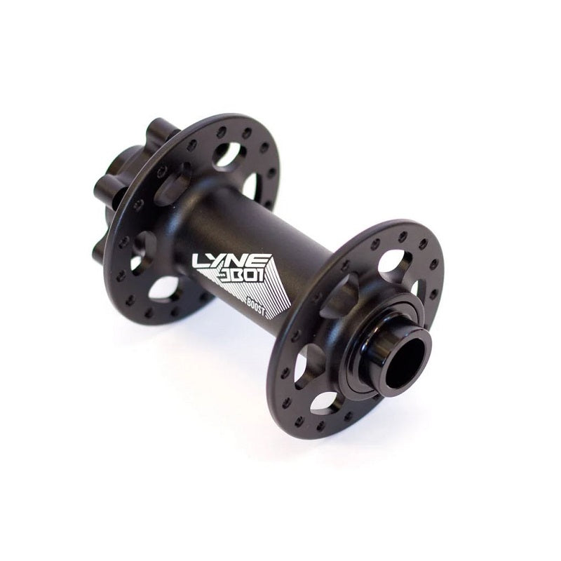 Black bicycle hub with 'LYNE' branding on a white background