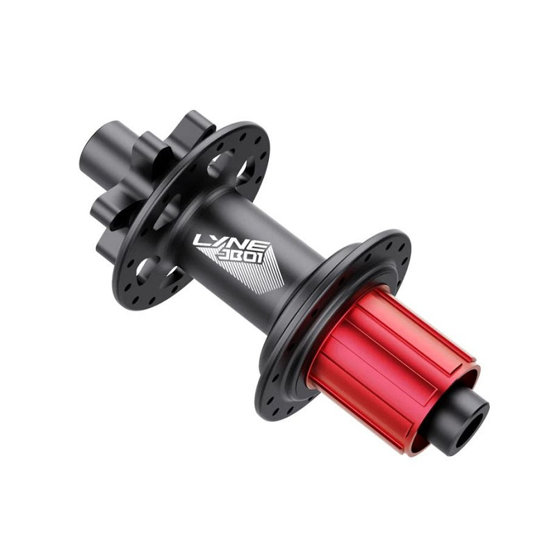 Bicycle hub with red pawl and black casing on a white background