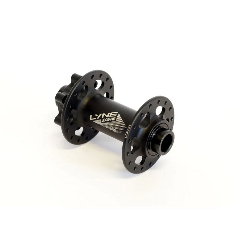 Black bicycle hub with 'LYNE' branding on a white background