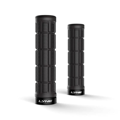 Two black motorcycle grips with 'LYNE' branding on a white background