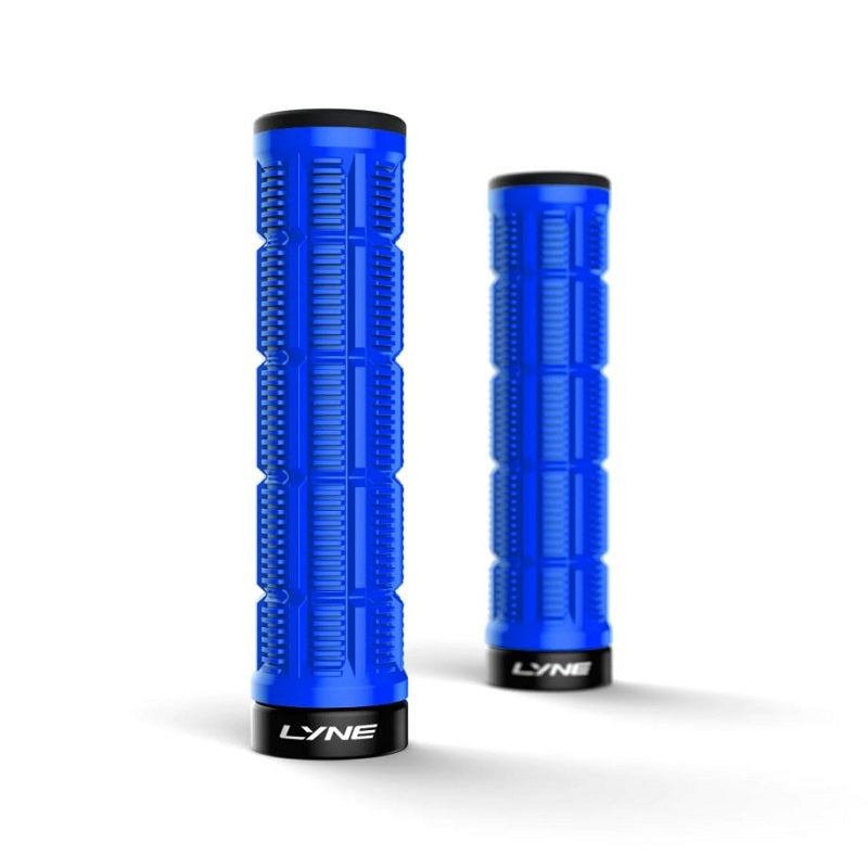 Two blue motorcycle grips with black LYNE branding on a white background