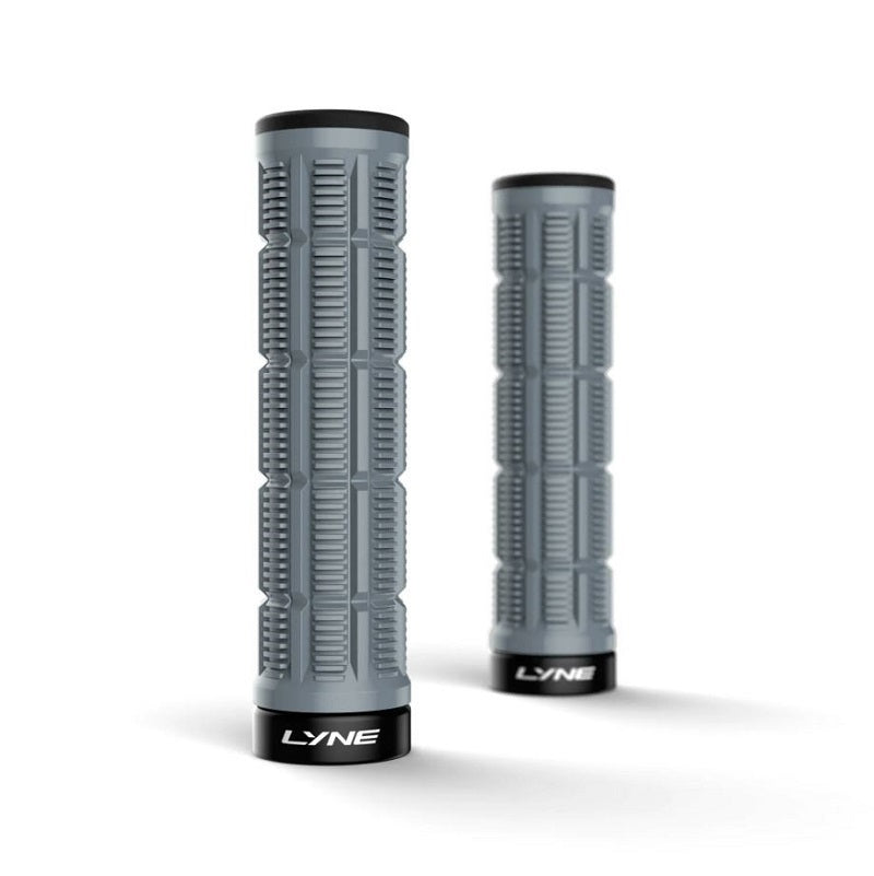 Two gray motorcycle grips with black LYNE branding on a white background