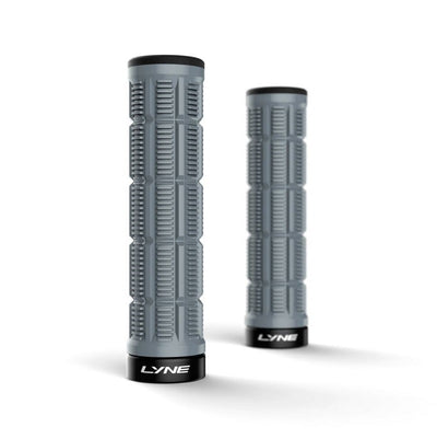 Two gray motorcycle grips with black LYNE branding on a white background