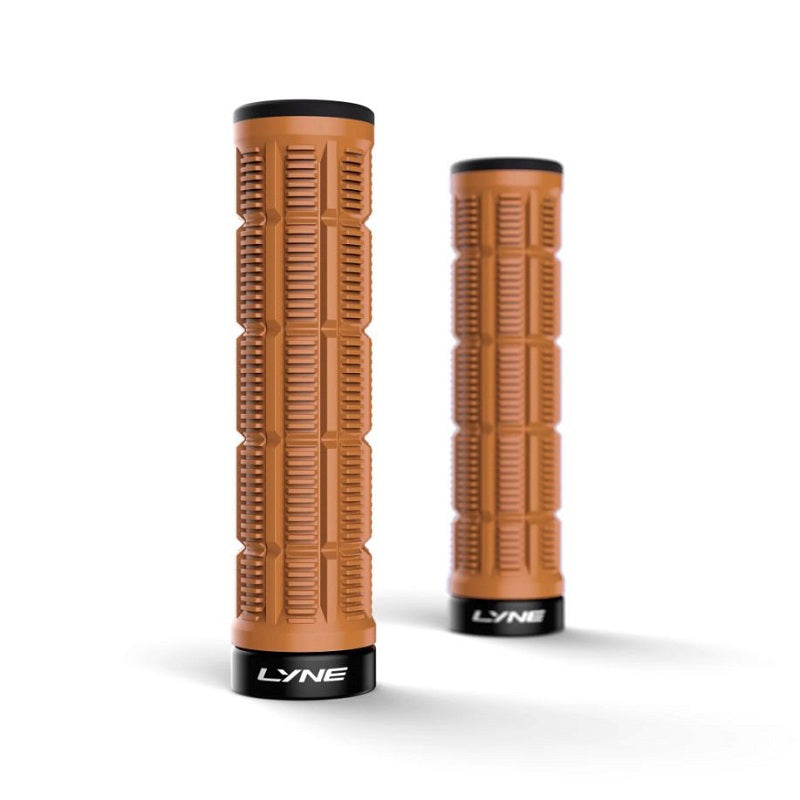 Two brown motorcycle grips with black LYNE branding on a white background