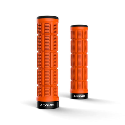 Two orange motorcycle grips with black LYNE branding on a white background