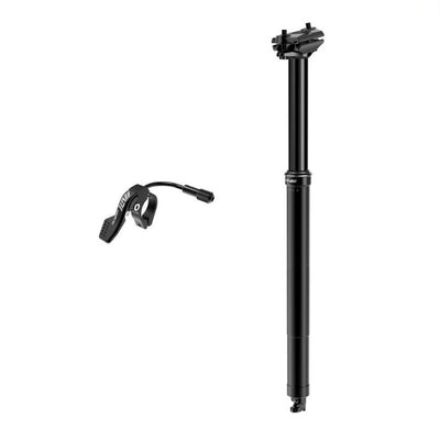 Black bicycle seat post with clamp on a white background