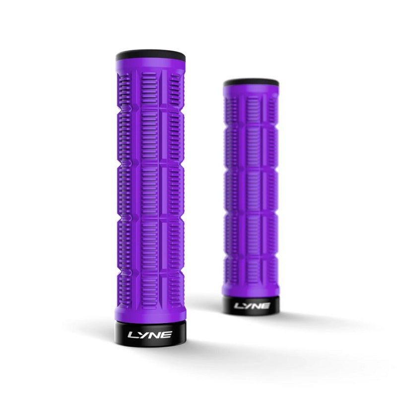 Two purple motorcycle grips with black LYNE branding on a white background