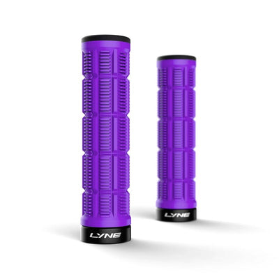 Two purple motorcycle grips with black LYNE branding on a white background