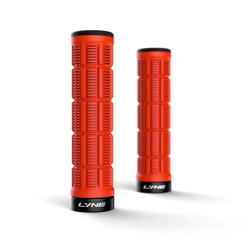 Two red motorcycle grips with black LYNE branding on a white background