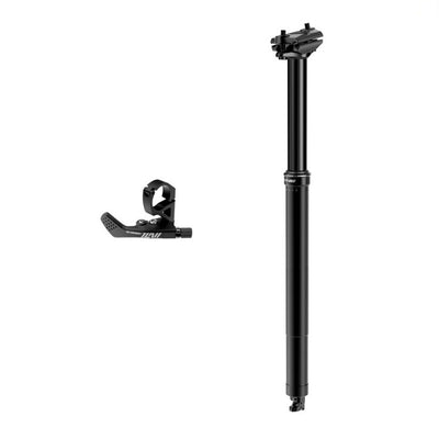 Black bicycle seat post with clamp on a white background